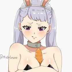 1girl animal_ears animated between_breasts black_clover black_leotard blush bouncing_breasts breasts carrot closed_mouth crossed_arms detached_collar grey_hair large_breasts leotard noelle_silva paizuri playboy_bunny purple_eyes rabbit_ears sexually_suggestive simple_background simulated_paizuri solo srlmao strapless strapless_leotard tagme twintails twitter_username video white_background