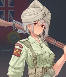1girl absurdres artist_name belt bolt_action breast_pocket commentary flag_background green_belt green_shirt grey_hair gun highres holding holding_gun holding_weapon india indian_flag lee-enfield leochan1202 looking_at_viewer military military_uniform original patch pocket red_eyes rifle shirt shoulder_patch sleeves_rolled_up solo turban union_jack upper_body weapon world_war_ii