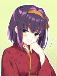 +++ 1girl :d asagi_nanami black_hair blush commentary_request eyelashes eyes_visible_through_hair fang floral_print floral_print_kimono furrowed_brow green_background green_eyes grin hair_between_eyes hair_intakes hairband hand_up highres japanese_clothes kimono laughing limelight_lemonade_jam medium_hair mole mole_under_eye multicolored_hair nabari_anju open_mouth orange_hairband outline pink_hair polka_dot polka_dot_background print_kimono red_kimono simple_background smile smug solo streaked_hair tsurime two-tone_hair upper_body white_outline yukata