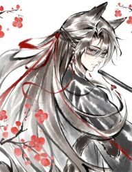 Rule 34 | 1boy, animal ears, artist request, bishounen, black hair, blindfold, branch, brown hair, cat boy, cat ears, cat tail, commission, earrings, faux traditional media, floating hair, flower, flute, flute tassel, hair down, hair ribbon, half updo, holding, holding flute, holding instrument, ink wash painting, instrument, jewelry, long hair, looking at viewer, looking back, male focus, modao zushi, official alternate hairstyle, plum blossoms, red eyes, red flower, red ribbon, ribbon, second-party source, solo, tail, tassel, wei wuxian, wei wuxian (yiling laozu), white background