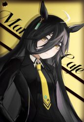 1girl absurdres animal_ears animal_print black_choker black_coat black_hair black_shirt cat_print character_name choker closed_mouth coat collared_shirt commentary ear_tag earrings expressionless hair_between_eyes highres horse_ears horse_girl jewelry long_bangs long_hair long_hair_between_eyes manhattan_cafe_(umamusume) multicolored_hair necktie open_clothes open_coat shirt single_earring solo umamusume very_long_hair white_hair yellow_eyes yellow_necktie yh_0876