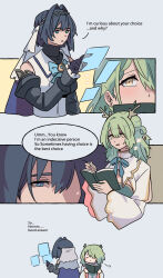 2girls black_gloves blue_bow blue_cape blue_hair book bow cape ceres_fauna ceres_fauna_(1st_costume) detached_sleeves fongban_illust gloves green_hair green_shirt hair_branch hair_intakes highres holding holding_book hololive hololive_english medium_hair multiple_girls open_book ouro_kronii ouro_kronii_(1st_costume) shirt veil virtual_youtuber white_shirt white_veil yellow_eyes