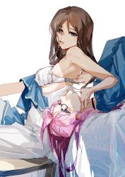 2girls absurdres bang_dream! bang_dream!_it&#039;s_mygo!!!!! black_choker blue_eyes blue_shirt blush bra breasts brown_hair chihaya_anon chinese_commentary choker commentary_request dress e-fa-dorn hand_on_another&#039;s_neck highres large_breasts long_hair looking_at_another lying multiple_girls nagasaki_soyo on_back open_mouth pink_hair shirt sideboob simple_background sitting smile sweat underwear undressing_another white_background white_bra white_dress yuri