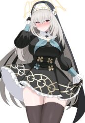 black_dress blue_archive blush breasts clothes_lift coif dress embarrassed frilled_dress frills grey_hair halo large_breasts looking_at_viewer nun puffy_sleeves red_eyes sakurako_(blue_archive) skirt skirt_lift thick_thighs thighhighs thighs white_background yukimikosera
