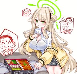 1boy 1girl absurdres bento blonde_hair blue_archive blush bow breasts cardigan cardigan_partially_removed cleavage commentary commentary_request doodle_sensei_(blue_archive) dress_shirt english_commentary fork green_eyes green_halo hair_bow hair_bun halo hand_on_own_chest heart highres holding holding_fork holding_spoon image_in_speech_bubble large_breasts long_hair looking_at_viewer mixed-language_commentary nonomi_(blue_archive) peroronti pleated_skirt sensei_(blue_archive) shirt simple_background single_side_bun skirt smile spoon sweat table trembling white_background white_shirt yellow_cardigan