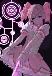 1girl arrow_(projectile) black_background bow bow_(weapon) bow_choker breasts bubble_skirt buttons center_frills chest_jewel choker collarbone commentary cowboy_shot dot_nose drawing_bow dress dress_bow energy_arrow expressionless eyelashes frilled_dress frilled_skirt frilled_sleeves frills gem gloves glowing_gem hair_between_eyes hair_bow highres holding holding_arrow holding_bow_(weapon) holding_weapon kabocha_(um_ci2x) kaname_madoka large_breasts looking_at_viewer loose_hair_strand magic_circle magical_girl mahou_shoujo_madoka_magica mahou_shoujo_madoka_magica_(anime) miniskirt parted_lips pink_bow pink_choker pink_dress pink_eyes pink_gemstone pink_hair pink_theme puffy_short_sleeves puffy_sleeves short_dress short_hair short_sleeves short_twintails simple_background skirt skirt_under_dress solo square_neckline standing tareme twintails weapon white_gloves white_skirt white_sleeves