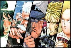 1girl 5boys bald bang_(one-punch_man) black_sclera blonde_hair blue_eyes bomb_(one-punch_man) book brothers clenched_hand colored_sclera column_lineup commentary cyborg dirty dirty_face english_commentary facial_hair fubuki_(one-punch_man) genos goatee green_eyes green_hair grey_eyes hat highres holding holding_book hood jigme_tenzin_wangchuk king_(one-punch_man) multiple_boys mustache old old_man one-punch_man saitama_(one-punch_man) scar scar_across_eye scar_on_face serious siblings twitter_username v-shaped_eyebrows white_hair yellow_eyes