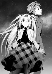1boy 1girl antenna_hair back-to-back black_sweater blazer boots checkered_clothes checkered_skirt chuo_tanegashima_high_school_uniform chuo_tanegashima_high_winter_school_uniform cropped_jacket greyscale grin high-waist_skirt high_collar holding_hands ikuhashi_muiko jacket leather leather_boots long_hair long_skirt monochrome night night_sky official_alternate_costume pants pantyhose robotics;notes school_uniform shiny_clothes shiny_legwear skirt sky smile star_(sky) starry_sky sweater turtleneck twintails very_long_hair yashio_kaito yukifune_airi
