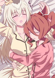 2girls absurdres animal_ears arms_up bed_sheet bow closed_eyes commentary drill_hair drill_sidelocks ear_bow ear_scrunchie grey_hair highres horse_ears horse_girl horse_tail hug kishiroki long_hair long_sleeves lying medium_hair multiple_girls norn_ace_(umamusume) oguri_cap_(umamusume) on_back on_bed on_side open_mouth pajamas pink_shirt saliva scrunchie shirt side_drill sidelocks sleeping tail tearing_up translated umamusume umamusume:_cinderella_gray yellow_scrunchie yellow_shirt