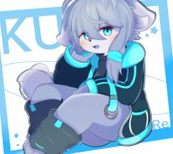 1boy animal_ears animal_nose anmitsu46 black_jacket blue_border blue_eyes blue_fur blush body_fur border character_name fangs furry furry_female furry_male grey_fur grey_hair hair_between_eyes hand_on_own_cheek hand_on_own_face hood hooded_jacket jacket ku_re_(vrchat) leg_warmers long_hair long_sleeves looking_at_viewer male_focus open_mouth sidelocks sitting smile solo star_(symbol) sweater tail trap two-tone_fur vrchat white_background white_fur