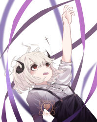 1girl absurdres arm_up black_skirt collared_shirt cross curled_horns demon_girl demon_horns high-waist_skirt highres horns latin_cross looking_up open_mouth original purple_ribbon red_eyes ribbon shirt short_hair short_sleeves skirt solo suspender_skirt suspenders upper_body white_background white_hair white_shirt yuzu_(yuzusuke10)