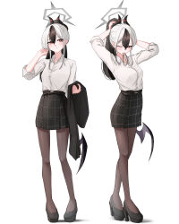 1girl absurdres alternate_costume arms_behind_head black_hair black_shoes black_skirt blue_archive blush bright_pupils brown_pantyhose commentary demon_horns demon_wings elbow_carry full_body hair_between_eyes hair_tie hair_tie_in_mouth halo high_heels highres hit_by_hit horns jacket kayoko_(blue_archive) long_hair looking_at_viewer low_wings mouth_hold multicolored_hair multiple_views office_lady open_collar pantyhose pencil_skirt platform_heels ponytail red_eyes shirt shirt_tucked_in shoes simple_background single_wing skirt two-tone_hair tying_hair unworn_jacket white_background white_hair white_pupils white_shirt wings