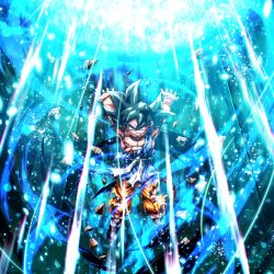 Rule 34 | 1boy, black eyes, black hair, dragon ball, dragon ball gt, dragon ball legends, genki dama, looking at viewer, muscular, muscular child, official art, serious, solo, son goku, torn clothes