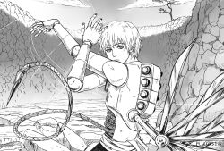1boy commentary_request doll_joints from_side frown greyscale joints male_focus marionette monochrome naruto_(series) naruto_shippuuden puppet puppet_strings rope russian_commentary sasori_(naruto) signature solo tree vasiliy-plumber weapon