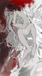 2boys baldur&#039;s_gate baldur&#039;s_gate_3 cazador_szarr colored_skin completely_nude dungeons_&amp;_dragons dungeons_&amp;_dragons empty_eyes grey_hair grey_skin highres hug long_hair male_focus multiple_boys no_pupils nude red_hair sketch vellioth very_long_hair vihua6 yaoi