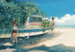 2girls absurdres bag barefoot beach bird blue_sky boat branch brown_hair cloud commentary_request crab day grass highres holding holding_bag holding_branch leaf multiple_girls ocean original outdoors overgrown plant scenery shirt short_hair short_sleeves shorts sitting sky standing summer tsushima_sora water watercraft white_shirt wide_shot