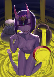 1girl collarbone colored_skin cup eric_ueda eyeshadow fate_(series) gem gradient_horns green_gemstone highres holding holding_cup horns liquid looking_at_viewer makeup multicolored_horns navel oni open_mouth pot purple_eyes purple_hair purple_skin red_eyeshadow ripples sakazuki short_hair shuten_douji_(fate) sitting skin-covered_horns smile solo storage_pot teeth upper_teeth_only wariza