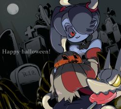1girl 770mk asymmetrical_hair black_hair blue_skin candy colored_skin english_text food grave graveyard hair_over_one_eye halloween happy_halloween jack-o&#039;-lantern leviathan_(skullgirls) lollipop moon night night_sky pumpkin red_eyes rest_in_peace_(phrase) skullgirls sky smile squigly_(skullgirls) stitches tombstone twitter_username yellow_eyes zombie