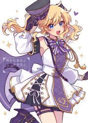 Rule 34 | 1girl, :d, absurdres, black hat, black skirt, blonde hair, blue eyes, blue gemstone, boots, bow, bowtie, dated, detached sleeves, dress, earrings, floating hair, gem, gloves, grk 11601, hair between eyes, hat, heart, highres, idolmaster, idolmaster cinderella girls, jewelry, leg up, long hair, multicolored hat, ohtsuki yui, open mouth, purple boots, purple bow, purple gloves, purple hat, short dress, signature, skirt, skirt under dress, sleeveless, sleeveless dress, smile, solo, striped bow, striped bowtie, striped clothes, thigh strap, watermark, white background, white dress, white sleeves