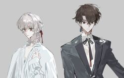 1boy 1girl brown_hair collared_shirt earrings formal_clothes grey_background grey_hair hair_ribbon highres jewelry long_sleeves neck_ribbon original qyzhiaiyisheng red_eyes ribbon shirt short_hair simple_background suit white_shirt