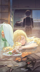 1boy 1girl absurdres bird birdcage black_hair black_shirt blonde_hair cage closed_eyes closed_mouth cooking crossed_wrists food from_behind hair_between_eyes head_on_table highres long_hair omurice_(304975636) parrot shirt sidelocks sleeping takasu_ryuuji takasu_yasuko toradora! white_shirt