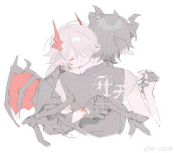 animal_ears bandaid bat_wings biting black_horns blood demon_horns highres horns hug neck_biting original red_horns white_hair wings yikou_sheng_tun