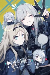 4girls absurdres ak-12_(girls&#039;_frontline) ak-15_(girls&#039;_frontline) an-94_(girls&#039;_frontline) black_gloves blonde_hair bright_pupils closed_eyes cover cover_page defy_(girls&#039;_frontline) girls&#039;_frontline gloves grey_hair highres jhcrow3 long_hair multiple_girls purple_eyes rpk-16_(girls&#039;_frontline) v white_pupils