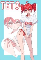 1girl :o ahoge bikini bikini_under_clothes blue_border blush border breasts character_name drill_hair feet_out_of_frame hair_between_eyes hashtag-only_commentary highres kasane_teto kiraria_kiadle looking_at_viewer multicolored_bikini open_mouth outside_border print_shirt red_bikini red_eyes red_hair shirt short_sleeves simple_background small_breasts solo striped_bikini striped_clothes swimsuit twin_drills two-tone_bikini utau white_background white_bikini white_shirt zoom_layer