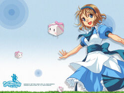 Rule 34 | 1997, 1girl, 2004, anime coloring, apron, aqua background, aqua dress, aqua eyes, aqua sleeves, artist request, back bow, black eyes, black outline, blonde hair, blue bow, blue hairband, blue necktie, blue sleeve cuffs, blush stickers, bow, breasts, collared dress, company name, contrast collar, copyright name, copyright notice, cube, dated, dorothy (yogurting), dress, fingerless gloves, gloves, grass, hairband, jpeg artifacts, korean text, logo, looking at viewer, medium breasts, medium hair, narrow waist, necktie, nose, official art, official wallpaper, open mouth, outline, outstretched arms, pantyhose, pink bow, puffy short sleeves, puffy sleeves, short dress, short necktie, short sleeves, skinny, solo focus, spread arms, third-party source, tongue, two-tone background, wavy hair, white apron, white background, white pantyhose, wing collar, yogurting