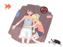 Rule 34 | 2girls, aged down, alternate costume, arm hug, basil (wgh0anzdple3asf), black shorts, blonde hair, blue hair, blush, brown hair, collarbone, colored tips, commentary request, cropped legs, dress, fish, food, fruit, fujishima megumi, fujishima megumi (young), handheld game console, highres, hot, korean commentary, link! like! love live!, love live!, lying, multicolored hair, multiple girls, nintendo dsi, nose blush, on back, on floor, on side, orange shirt, osawa rurino, osawa rurino (young), plate, sauce packet, shirt, short dress, short hair, short shorts, short twintails, shorts, sleeveless, sleeveless dress, sleeveless shirt, stag beetle, twintails, two side up, virtual youtuber, watermelon, watermelon slice, white dress, wooden floor