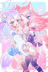 animal_ears bell blue_eyes commission commissioner_upload fox_ears fox_miko_(sakura_dungeon) fox_tail fr1ede99 green_eyes highres holding_hands japanese_clothes kimono long_sleeves neck_bell non-web_source nontraditional_miko one_eye_closed pink_hair purple_eyes purple_hair sakura_dungeon tail thighhighs yomi_(sakura_dungeon) yuri