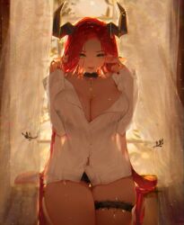 1girl absurdly_long_hair absurdres backlighting black_panties borrowed_character breasts cleavage curtains ear_chain earclip forehead gluteal_fold green_eyes highres horn_ornament horns huge_breasts jewelry linked_piercing lobsie long_hair long_pointy_ears mole mole_on_breast original panties piercing pink_lips pointy_ears red_hair red_nails ring see-through_clothes see-through_shirt see-through_silhouette shirt solo straight-on thigh_gap thigh_strap tongue tongue_out underwear very_long_hair watermark white_shirt window zeliya_(zaphn)