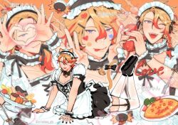 &gt;_&lt; 1boy :d :p ;d alternate_costume alternate_hairstyle apron arm_support artist_name axel_syrios axelotl_(axel_syrios) back_bow bell black_bow black_bowtie black_choker black_dress black_nails black_shoes blue_eyes bow bowtie braid broccoli cherry choker commentary cream crossdressing double_v dress english_commentary enmaided fang fang_out fangs food fork frilled_choker frilled_dress frilled_sleeves frilled_wrist_cuffs frills fruit garter_straps hair_between_eyes hair_bow hair_ornament hair_over_shoulder hairclip heart heart_hands heart_sticker highres hiimtae_sb holostars holostars_english ketchup ketchup_bottle knees_apart_feet_together loafers long_hair looking_at_viewer lying maid maid_apron maid_headdress male_focus male_maid multicolored_hair multiple_views nail_polish neck_bell omelet omurice on_stomach one_eye_closed open_mouth orange_hair pectoral_cleavage pectorals plate ponytail pudding puffy_short_sleeves puffy_sleeves red_hair shoes short_sleeves smile sparkle spoon star_sticker sticker_on_face thighhighs tomato tomato_slice tongue tongue_out twitter_username two-tone_hair v wafer waist_apron white_apron white_bow white_thighhighs wrist_cuffs