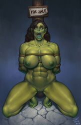 1girl abs absurdres bdsm black_hair bondage bound breasts brown_eyes character_name colored_nipples colored_skin colored_tongue completely_nude cross-eyed female_orc green_nipples green_skin green_tongue highres justsomenoob kneeling large_breasts muscular muscular_female navel nipples nude open_mouth orc original pointy_ears pussy shibari simple_background slave solo stone_floor tiptoes tongue tongue_out tusks veins veiny_breasts