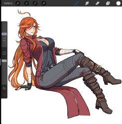 Rule 34 | 1girl, ahoge, artist request, breasts, cleavage, coat, cosplay, crossdressing, dante (devil may cry), dante (devil may cry) (cosplay), devil may cry (series), devil may cry 5, fingerless gloves, genshin impact, gloves, highres, large breasts, long hair, looking at viewer, mavuika (genshin impact), orange eyes, procreate (software), red coat, screencap, simple background, smile, solo, tagme, white background
