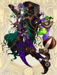 1boy argyle_clothes ascot ashioka_kuraco ball belt black_hat black_pants black_shoes bow bowtie brown_shoes chain coffin colored_lapels curtained_hair dairoku_ryouhei doll_joints fold-over_boots frilled_shirt_collar frills full_body gear_hat_ornament gears gem green_hair hands_up hat hat_ornament highres jacket jester joints keyring long_hair long_sleeves looking_at_viewer male_focus open_hand pale_skin pants pinstripe_pants pinstripe_pattern pointy_footwear puppet purple_bow purple_bowtie purple_gemstone purple_jacket ringed_eyes roller_shoes sharp_teeth shirt shoes sleeve_belt sleeve_cuffs solo standing star_(symbol) stuffed_animal stuffed_toy swept_bangs tailcoat teddy_bear teeth thigh_belt thigh_strap top_hat very_long_hair waist_bow wavy_hair white_ascot white_shirt yellow_background yellow_eyes