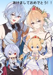 1boy 1girl absurdres armor black_pants blonde_hair blue_eyes character_doll collarbone cowboy_shot crown doll dress europa_(granblue_fantasy) flower granblue_fantasy grey_hair grimnir_(granblue_fantasy) hair_between_eyes highres holding holding_doll medium_hair notice_lines open_mouth orange_flower orange_rose pants pauldrons pointy_ears purple_flower purple_rose red_eyes rose short_hair shoulder_armor single_pauldron smile strapless strapless_dress tzzis white_dress