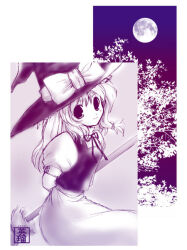 1girl 2000s_(style) 2008 bow broom closed_mouth commentary_request cowboy_shot fujisawa_eil full_moon hat hat_bow holding holding_broom kirisame_marisa long_hair looking_at_viewer monochrome moon neck_ribbon puffy_short_sleeves puffy_sleeves purple_theme ribbon short_sleeves smile solo touhou vest witch_hat