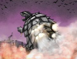 boosters daiei_film daraku48 fire gamera gamera_(series) gamera_3:_revenge_of_iris giant giant_monster gyaos hyper_gyaos kaiju monster no_humans purple_sky silhouette sky smoke thrusters trauma_gamera turtle turtle_shell tusks white_eyes wings