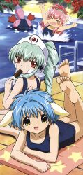 &gt;_&lt; 3girls \o/ absurdres animal_ears arms_up barefoot blue_hair blush_stickers closed_eyes feet flailing galaxy_angel highres kimura_masahiro legs_up looking_at_viewer lying megami_magazine milfeulle_sakuraba mint_blancmanche multiple_girls normad official_art on_stomach one-piece_swimsuit outstretched_arms pink_hair pool pool_ladder poolside school_swimsuit short_hair sitting soles swimsuit toes towel vanilla_h wariza water yellow_eyes