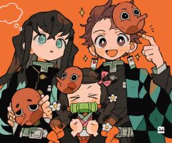 &gt;_&lt; 1girl 2boys :d bit_gag black_hair black_shirt blush_stickers bright_pupils brown_eyes brown_hair checkered_haori clenched_hands closed_eyes gag green_eyes hair_ribbon hand_up haori index_finger_raised japanese_clothes kamado_nezuko kamado_tanjirou kimetsu_no_yaiba kimono long_hair long_sleeves mask mask_on_head multiple_boys open_mouth orange_background pink_kimono pink_ribbon ribbon shirt short_hair simple_background smile tokitou_muichirou white_pupils zettai_22
