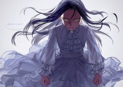 1girl angry artist_name black_hair child clenched_hands closed_mouth dress frilled_dress frilled_sleeves frills hair_between_eyes highres kamisaki_hikaru long_hair looking_at_viewer medalist_(manga) simple_background solo taoyaka_taoru white_background white_dress yellow_eyes