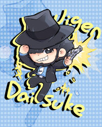 Rule 34 | 1boy, absurdres, beard, black eyes, black hair, black hat, black pants, blue background, bullet, character name, chibi, chibi only, daijie jiao chu lian zhe key, facial hair, grin, gun, hair over one eye, handgun, hat, highres, holding, holding gun, holding weapon, jigen daisuke, looking at viewer, lupin iii, male focus, necktie, pants, smile, smith &amp; wesson, solo, sparkle, weapon, white necktie, zoom layer