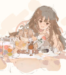 2girls absurdly_long_hair absurdres animal_ears blunt_bangs braid brown_eyes brown_hair chair dress elbow_on_table eyelashes fox_ears frilled_sleeves frills hair_tie hand_on_own_cheek hand_on_own_face highres jar long_hair low_twin_braids medium_dress mini_person minigirl multiple_girls on_chair open_mouth original outstretched_arm puffy_short_sleeves puffy_sleeves red_dress red_shoes shoes short_sleeves sitting size_difference sleeves_past_wrists smile standing sweater table twin_braids upper_body very_long_hair white_hair white_sweater yi_tianran_dai