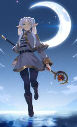 Rule 34 | 1girl, black pantyhose, boots, brown boots, capelet, commentary, crescent moon, earrings, elf, frieren, green eyes, grey capelet, grey hair, grey skirt, hakamecreation, highres, holding, holding staff, jewelry, mage staff, moon, night, outdoors, pantyhose, pointy ears, ripples, shirt, skirt, solo, sousou no frieren, staff, striped clothes, striped shirt, twintails, water
