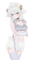 1girl absurdres ahoge animal_ears arm_warmers bare_shoulders bell black_choker black_eyes blue_ribbon blue_thighhighs blush bow bra breasts choker cleavage collar collarbone cow_tail cowboy_shot detached_sleeves fake_animal_ears flying_sweatdrops grey_bra grey_eyes grey_hair hair_between_eyes hair_bow hair_ribbon hand_on_own_arm highres holding_own_arm horns jingle_bell large_breasts looking_at_viewer mafuchu_v mafuyu_(vrchat) medium_breasts midriff navel neck_bell parted_lips ribbon sheep_ears sheep_girl sheep_horns shorts sidelocks simple_background skindentation skirt solo standing stomach sweatdrop tail thighhighs underwear vrchat white_background white_hair white_shorts white_thighhighs zettai_ryouiki
