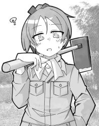 Rule 34 | 1girl, ?, absurdres, alternate costume, breast pocket, commentary request, dress shirt, greyscale, hand in pocket, highres, hoe, kantai collection, looking at viewer, monochrome, parted lips, pocket, ponytail, scarf, shikinami (kancolle), shirt, solo, tatahai, translation request, upper body
