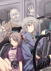 1boy 2girls against_glass amane_suzuha bald beard bicycle bike_shorts blush braid brown_eyes brown_hair closed_eyes facial_hair grey_hair looking_back multiple_girls satomi_(black_scarecrow) short_hair short_twintails sleeping slice_of_life steins;gate stuffed_animal stuffed_toy television tennouji_nae tennouji_yuugo twin_braids twintails