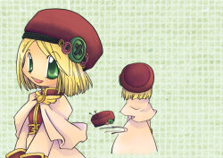 1girl 2000s_(style) acolyte_(ragnarok_online) beret blonde_hair blush brown_hat brown_shirt capelet commentary_request green_background green_eyes grid_background hasenyo hat long_sleeves looking_at_viewer open_mouth ragnarok_online shirt short_hair skirt smile upper_body white_capelet white_skirt