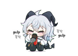 Rule 34 | 1girl, bilingual text, black horns, black jacket, black pants, black tail, can, chibi, chibi only, commentary, curled horns, demon tail, drink can, english text, full body, grey hair, hair between eyes, hand on own hip, holding, holding can, horns, hue oo, jacket, jacket on shoulders, korean text, long hair, mixed-language text, mole, mole under eye, necktie, pants, red necktie, shirt, simple background, solo, standing, symbol-only commentary, tail, white background, white shirt, wuthering waves, zani (wuthering waves)
